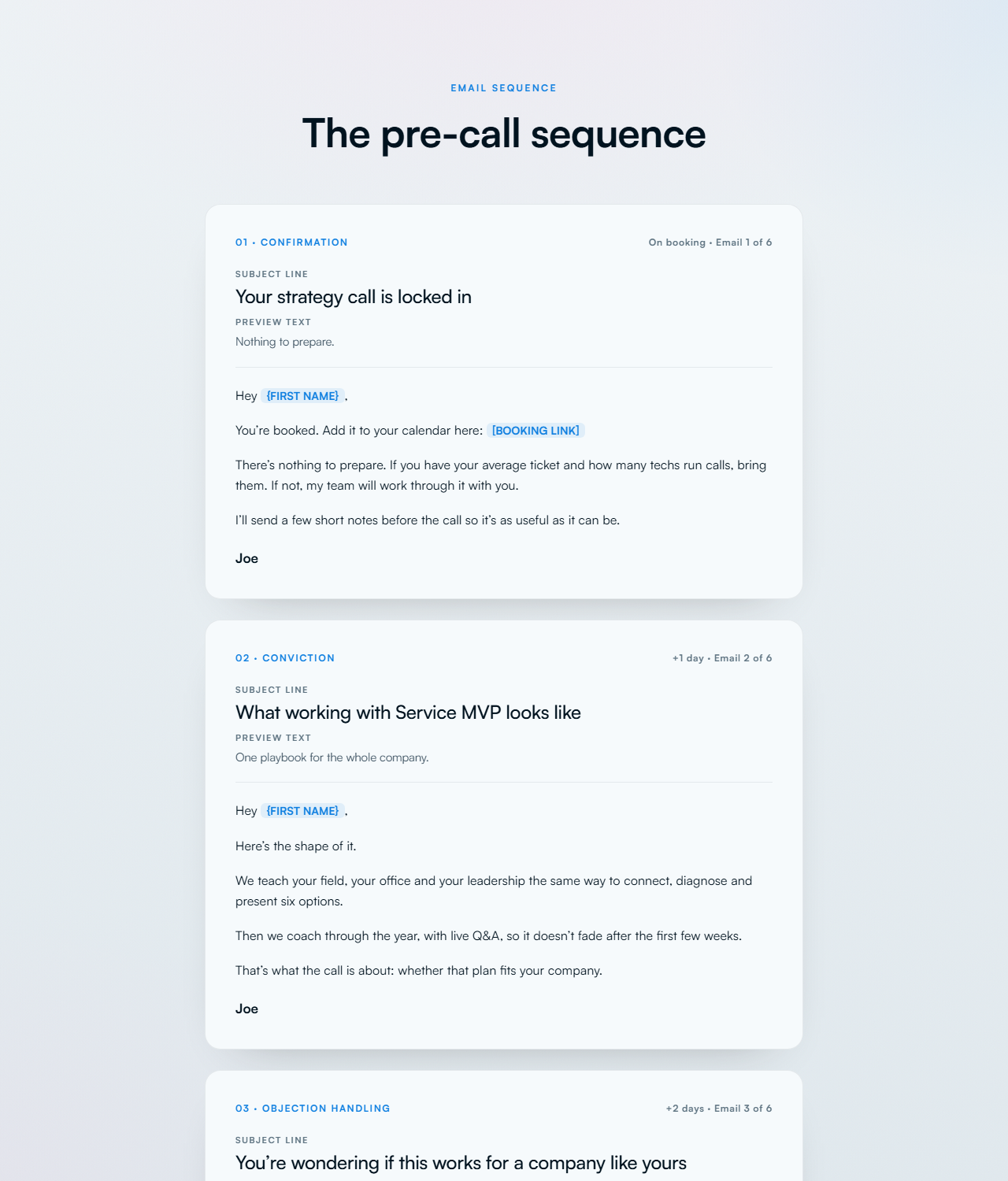 Pre-call email sequence preview